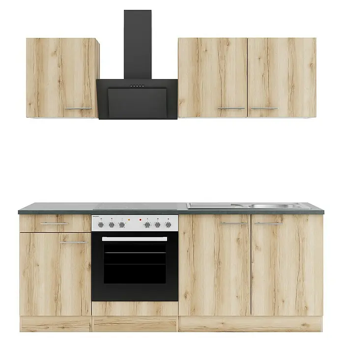 Optifit Livorno290 Singleküche Typ 2 - Breite: 210 cm, Wildeiche Nachbildung, Mit Elektrogeräten - Komplette Küchenzeile mit hellen Holzschränken, dunkelgrauer Arbeitsplatte, integriertem Backofen, Kochfeld, Spüle und passender Dunstabzugshaube.