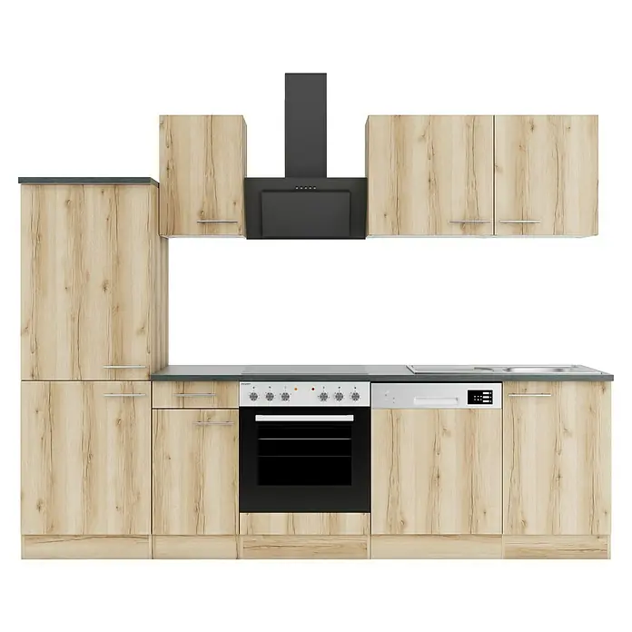 Optifit Livorno290 Küchenleerblock Typ 4 - Breite: 270 cm, Wildeiche Nachbildung, Ohne Elektrogeräte - Moderne Einbauküche mit hellen Holzmaserungsschränken, dunkler Arbeitsplatte, schwarzer Dunstabzugshaube, integriertem Backofen, Geschirrspüler und Spüle.