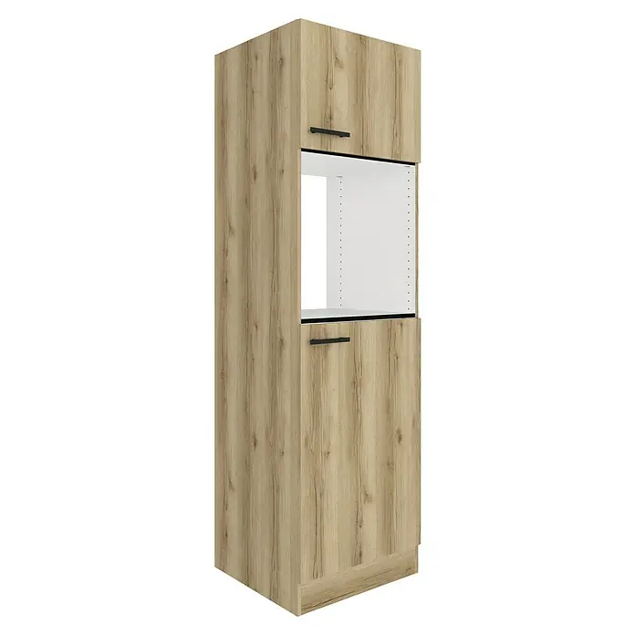 Optifit Livorno290 Geräteumbauschrank - 60 x 60 x 206,8 cm, Wildeiche Nachbildung, Farbe Griff: Grau, Für Backofen und Kühlschrank - Hoher Küchenschrank in heller Holzoptik mit offenem Gerätefach und zwei Türen.