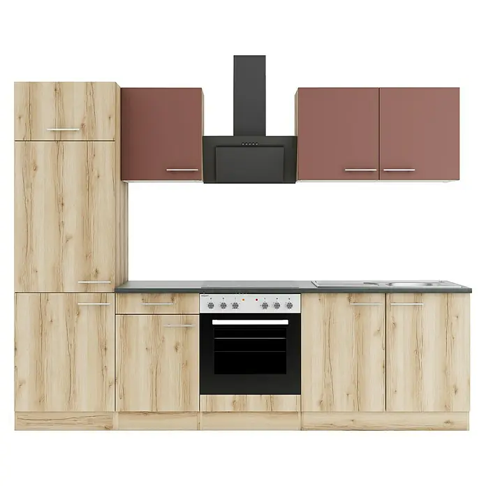 Optifit Bari407 Küchenleerblock Typ 2 - Breite: 270 cm, Rostbraun/Wildeiche Nachbildung, Ohne Elektrogeräte - Moderne Küchenzeile mit hellen Holz- und rötlich-braunen Schränken, dunkelgrauer Arbeitsplatte, integriertem Backofen, Kochfeld, Spüle und Dunstabzugshaube.