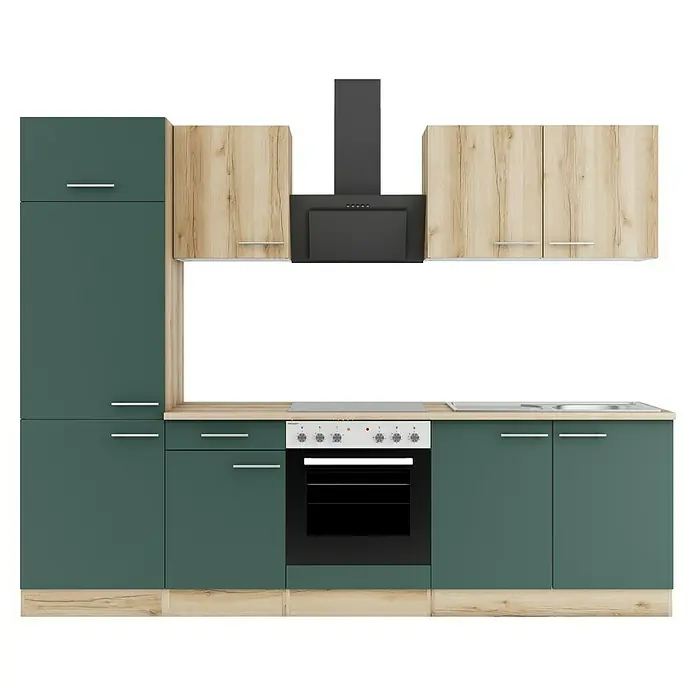 Optifit Livorno290 Küchenleerblock Typ 1 - Breite: 270 cm, Steingrün/Wildeiche Nachbildung, Ohne Elektrogeräte - Moderne Küchenzeile mit grünen Schränken, hellen Holzoptik-Elementen, schwarzem Backofen und Dunstabzugshaube.