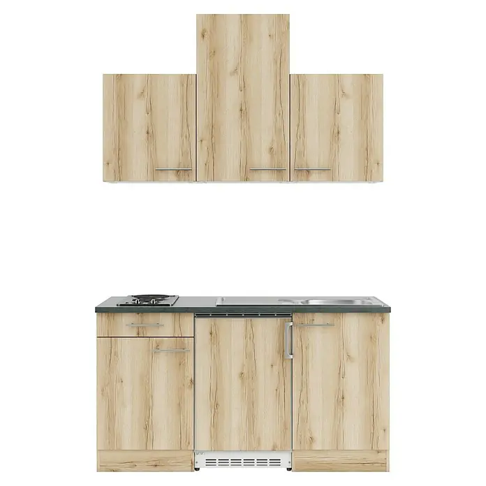 Optifit Livorno290 Singleküche Typ 1 - Breite: 150 cm, Wildeiche Nachbildung, Mit Elektrogeräten - Kompakte Küchenzeile aus hellem Holzdekor mit integriertem Kochfeld, Spüle, Schubladen und Gerät.