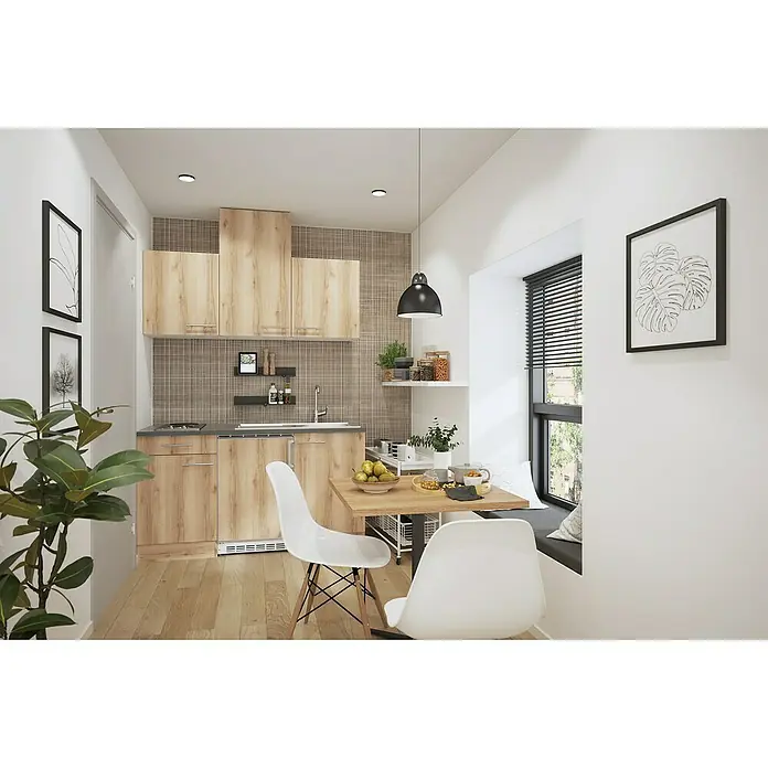 Optifit Livorno290 Singleküche Typ 1 - Breite: 150 cm, Wildeiche Nachbildung, Mit Elektrogeräten - Moderne Küche mit hellen Holzmaserungsschränken, grauer Arbeitsplatte und braunem Mosaik-Spritzschutz, integrierter Essbereich.