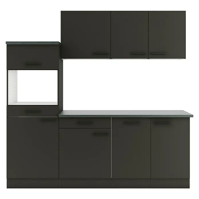 Optifit Madrid420 Küchenleerblock Typ 2 - Breite: 210 cm, Anthrazit, Ohne Elektrogeräte - Dunkelgraue Küchenschrankzeile mit hellgrauer Arbeitsplatte und offener Gerätenische.