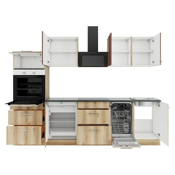 Optifit Bari407 Küchenleerblock Typ 1 - Breite: 270 cm, Rostbraun/Wildeiche Nachbildung, Ohne Elektrogeräte - Moderne Einbauküche mit hellen Holzschränken, dunkelgrauer Arbeitsplatte und integrierten Geräten wie Ofen, Kühlschrank und Geschirrspüler, alle geöffnet.
