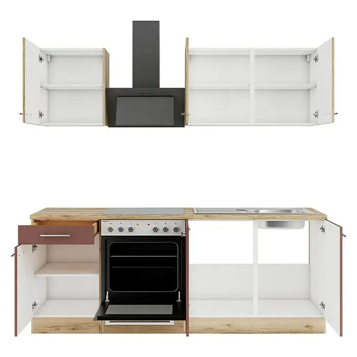 Optifit Livorno290 Singleküche Typ 2 - Breite: 210 cm, Wildeiche Nachbildung/Rostbraun, Wechselseitig aufbaubar - Modulare Küchenzeile mit hellen Holzoptik- und weißen Schränken, dunkelbraunen Akzenten, schwarzer Dunstabzugshaube, Backofen und Spüle.