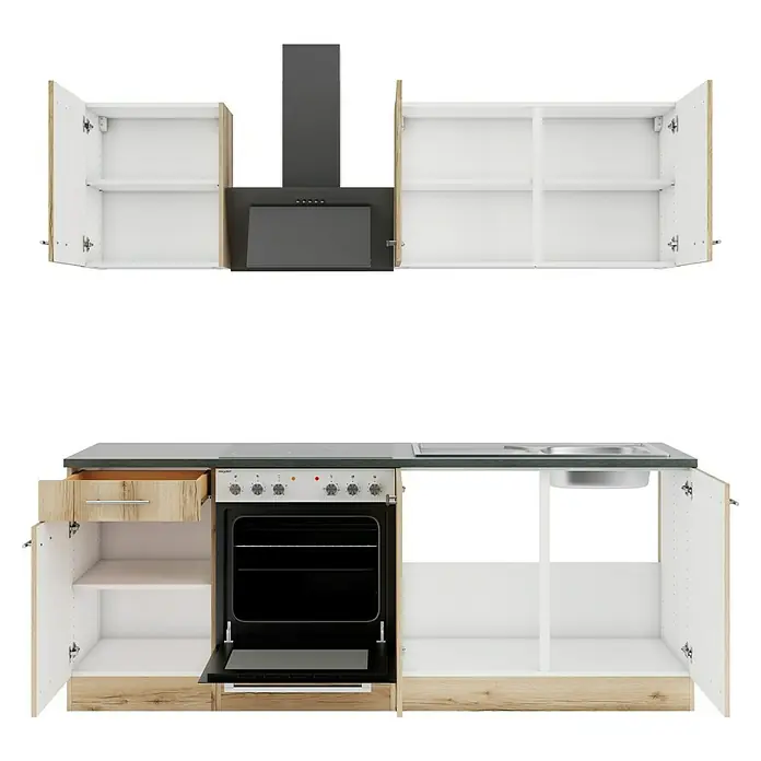 Optifit Livorno290 Singleküche Typ 2 - Breite: 210 cm, Wildeiche Nachbildung, Mit Elektrogeräten - Modulare Kücheneinheit mit hellen Holz- und weißen Schränken, schwarzem Ofen, Kochfeld, Dunstabzugshaube und dunkelgrauer Arbeitsplatte, offen gezeigt.