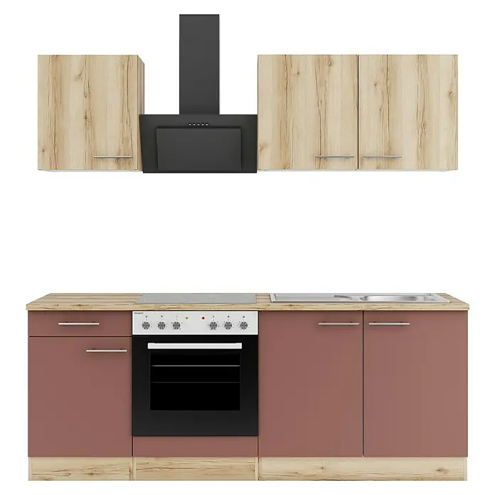 Optifit Livorno290 Singleküche Typ 2 - Breite: 210 cm, Wildeiche Nachbildung/Rostbraun, Wechselseitig aufbaubar - Küchenzeile mit hellen Holz- und bräunlich-rosafarbenen Schränken, schwarzem Backofen, Kochfeld, Dunstabzugshaube und Spüle.