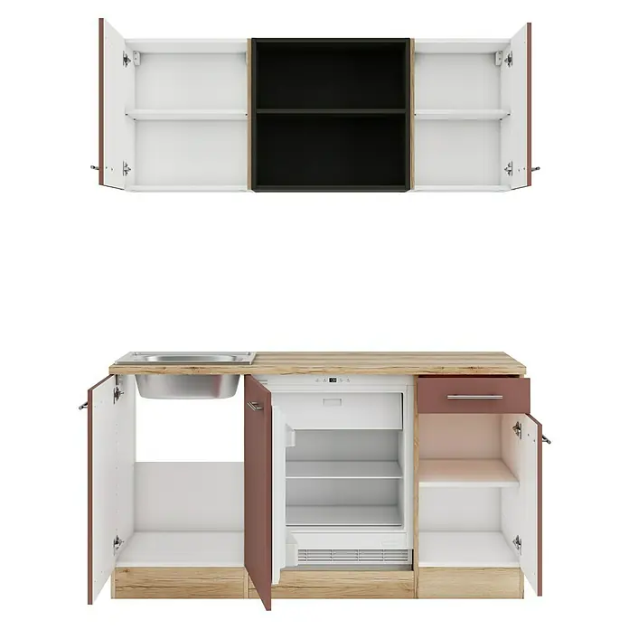 Optifit Bari407 Singleküche Typ 3 - Breite: 150 cm, Rostrot, Mit Elektrogeräten - Modulare Küchenzeile mit weißen, schwarzen, holzfarbenen und rotbraunen Schränken, Spüle und Kühlschrank.