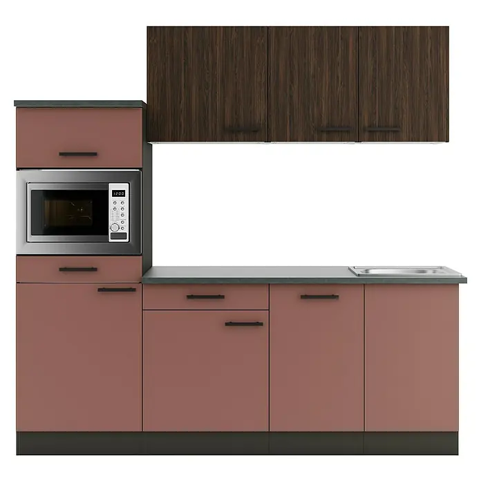 Optifit Nizza407 Küchenleerblock Typ 2 - Breite: 210 cm, Rostrot/Rillendekor Nussbaum, Ohne Elektrogeräte - Moderne Küchenzeile mit rötlich-braunen Unterschränken, dunklen Oberschränken in Holzoptik, integrierter Mikrowelle und Spüle.
