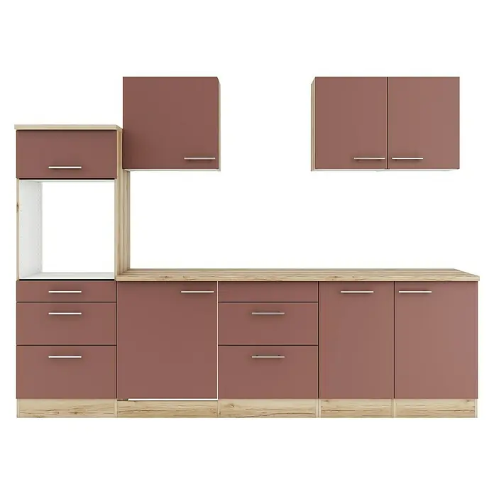 Optifit Bari407 Küchenleerblock Typ 4 - Breite: 270 cm, Rostrot, Ohne Elektrogeräte - Modernes Küchenschrankset mit braun-mauvefarbenen Türen, hellen Holzdetails und silbernen Griffen. Enthält Ober- und Unterschränke sowie eine Gerätenische.