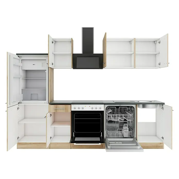Optifit Livorno290 Küchenleerblock Typ 4 - Breite: 270 cm, Wildeiche Nachbildung, Ohne Elektrogeräte - Modulare Küche in Hellholz und Weiß mit schwarzer Arbeitsplatte, integrierten Geräten wie Ofen, Herd, Spülmaschine und Kühlschrank, teils offen.