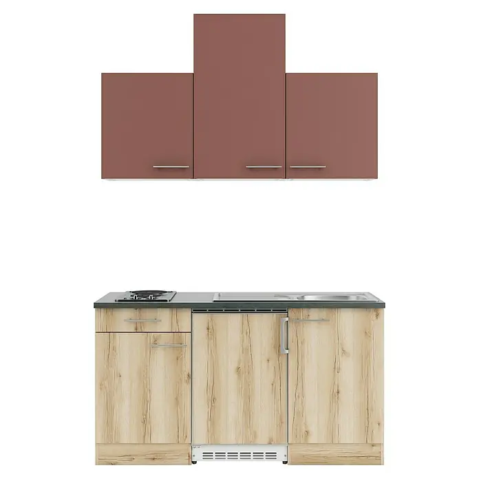 Optifit Bari407 Singleküche Typ 2 - Breite: 150 cm, Rostbraun/Wildeiche Nachbildung, Wechselseitig aufbaubar - Küchenzeile: braune Oberschränke, heller Holzunterschrank mit Kochfeld, Spüle, integriertem Gerät.