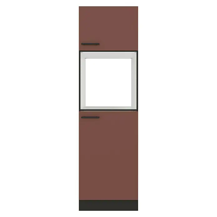 Optifit Nizza407 Geräteumbauschrank - 60 x 60 x 206,8 cm, Rostrot, Mit 2 Türen für Backofen und Kühlschrank - Brauner Lagerschrank mit offenem weißen Regal und schwarzen Griffen.