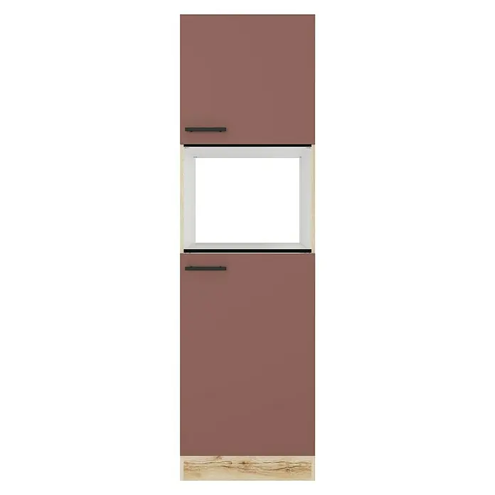 Optifit Bari407 Kühlumbauschrank - B x T x H: 60 x 60 x 206,8 cm, Rostrot, Mit 2 Türen für Mikrowelle und Kühlschrank - Zweistöckiger Schrank mit braun-mauvefarbenen Türen, schwarzen Griffen, heller Holzleiste und offenem Fach in der Mitte.