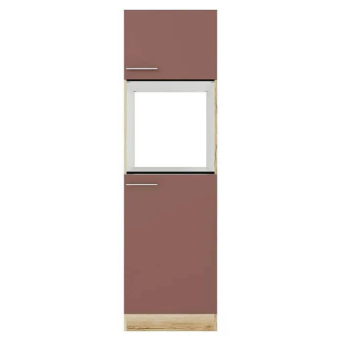 Optifit Bari407 Kühlumbauschrank - B x T x H: 60 x 60 x 206,8 cm, Rostrot, Mit 2 Türen für Backofen und Kühlschrank - Brauner Modulschrank mit silbernen Griffen und offenem Regalabschnitt aus hellem Holz.