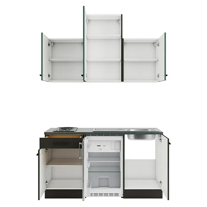 Optifit Verona405 Singleküche Typ 2 - Breite: 150 cm, Anthrazit/Steingrün, Mit Elektrogeräten - Kompakte Küchenzeile: dunkelgraue Basis, weißer Innenraum, silbernes Kochfeld, Spüle, offener Kühlschrank, Ober- & Unterschränke, Schublade.