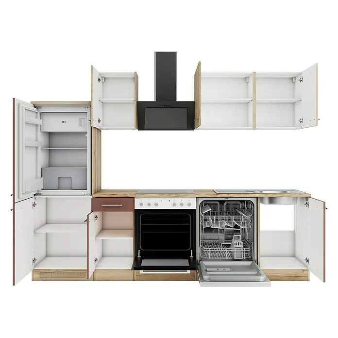 Optifit Livorno290 Küchenzeile Typ 3 - Breite: 270 cm, Wildeiche Nachbildung/Rostbraun, Mit Elektrogeräten - Kompakte Küchenzeile mit hellen Holzelementen, weißen Schränken, offenem Kühlschrank, Backofen, Geschirrspüler, schwarzem Kochfeld, Dunstabzugshaube und Spüle.