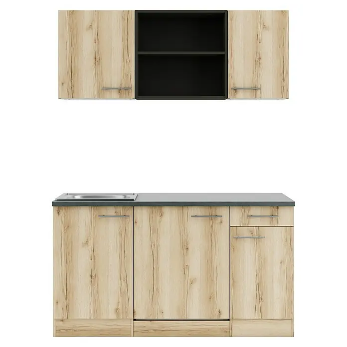 Optifit Livorno290 Singleküche Typ 3 - Breite: 150 cm, Wildeiche Nachbildung, Mit Elektrogeräten - Küchenschrank-Set aus heller Holzmaserung mit dunklen Regalen und Arbeitsplatte, inklusive Spüle.