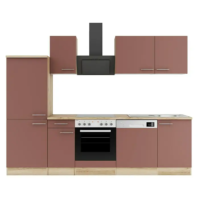 Optifit Bari407 Küchenleerblock Typ 3 - Breite: 270 cm, Rostrot, Ohne Elektrogeräte - Braune Küchenzeile mit heller Holzplatte, Backofen, Kochfeld, Geschirrspüler und Dunstabzugshaube.