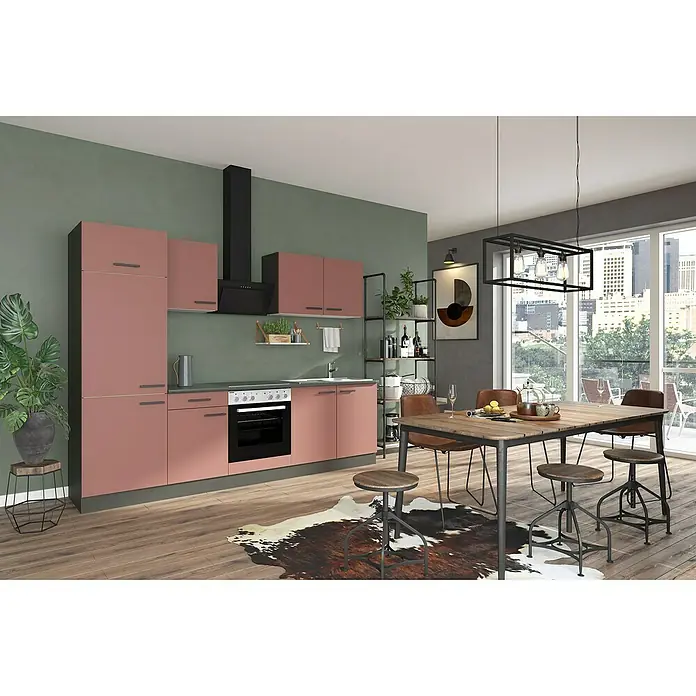 Optifit Nizza407 Küchenzeile Typ 3 - Breite: 270 cm, Rostrot, Mit Elektrogeräten - Moderne staubrosafarbene Küchenschränke mit dunkelgrauen Griffen und Arbeitsplatten, inklusive Backofen und Spüle.