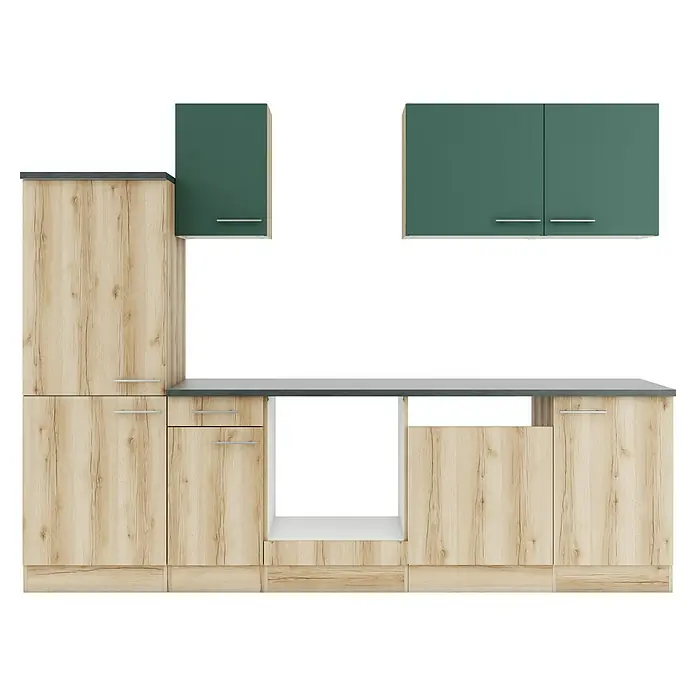 Optifit Savona405 Küchenleerblock Typ 4 - Breite: 270 cm, Wildeiche Nachbildung/Steingrün, Ohne Elektrogeräte - Modulküchenschränke mit hellen Holzoptik-Unterschränken, dunkelgrünen Hängeschränken und einer dunkelgrauen Arbeitsplatte.