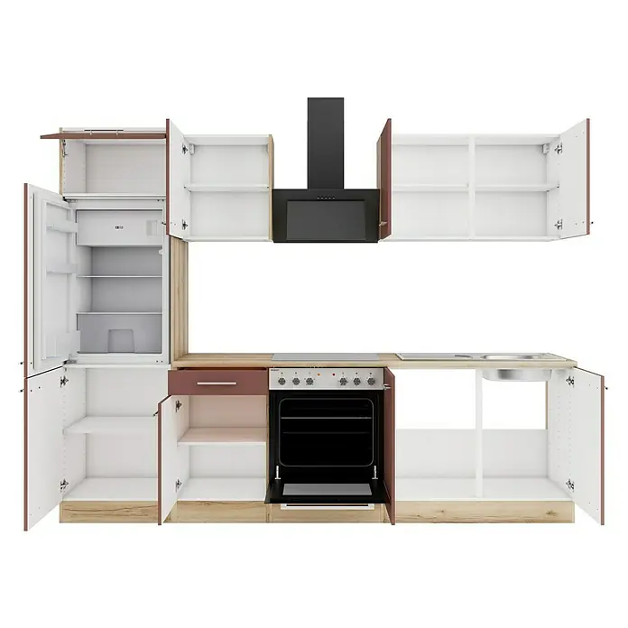 Optifit Bari407 Küchenleerblock Typ 1 - Breite: 270 cm, Rostrot, Ohne Elektrogeräte - Moderne Modulküche mit offenen hellen Holz- und braunen Schränken, integriertem Kühlschrank, Backofen, Kochfeld und Spüle.