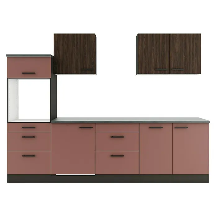 Optifit Nizza407 Küchenleerblock Typ 1 - Breite: 270 cm, Rostrot/Rillendekor Nussbaum, Ohne Elektrogeräte - Moderne Küchenschränke in Altrosa und dunklem Holz mit grauer Arbeitsplatte und schwarzen Griffen.