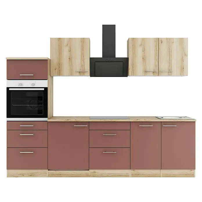 Optifit Livorno290 Küchenzeile Typ 1 - Breite: 270 cm, Wildeiche Nachbildung/Rostbraun, Mit Elektrogeräten - Moderne Küchenzeile mit braunen Unterschränken, hellen Holz-Oberschränken, Arbeitsplatte, integriertem Backofen, Kochfeld und Dunstabzugshaube.