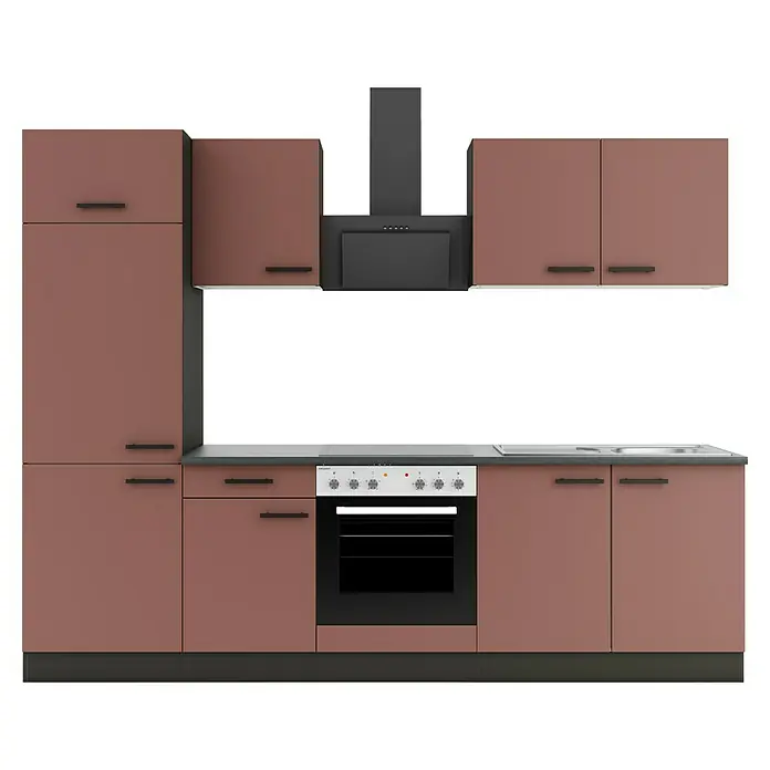 Optifit Nizza407 Küchenleerblock Typ 2 - Breite: 270 cm, Rostrot, Ohne Elektrogeräte - Braune Küchenzeile mit schwarzen Griffen, grauer Arbeitsplatte, integriertem Ofen, Kochfeld, Spüle und Dunstabzugshaube.