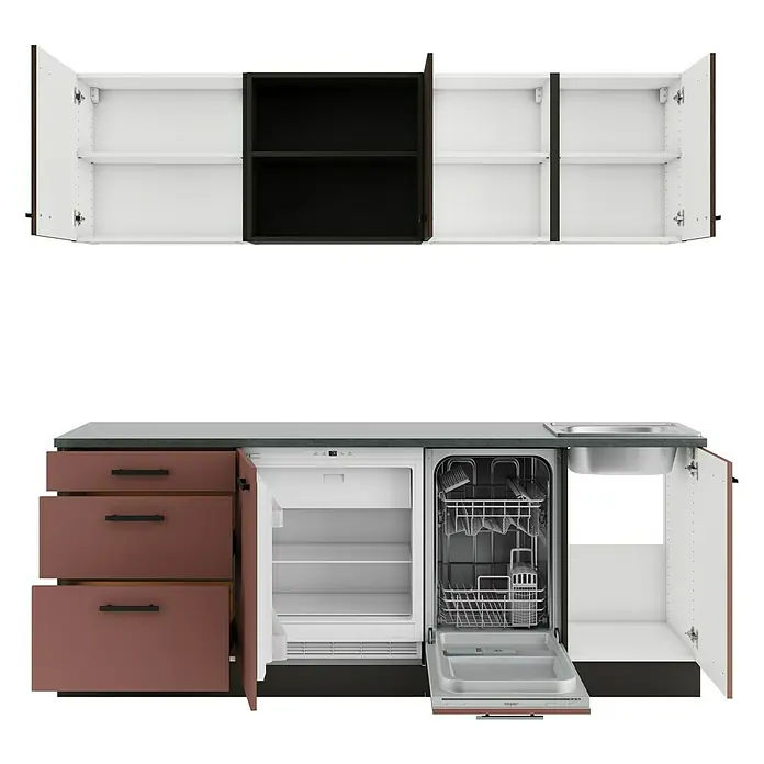 Optifit Nizza407 Singleküche Typ 2 - Breite: 210 cm, Rostrot/Rillendekor Nussbaum, Mit Elektrogeräten - Modulare Küche mit offenen weißen Oberschränken und einem schwarzen Regal sowie Unterschränken mit rostfarbenen Schubladen, Kühlschrank, Geschirrspüler und Spüle.