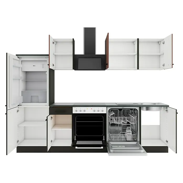 Optifit Nizza407 Küchenzeile Typ 4 - Breite: 270 cm, Anthrazit/Rostrot, Mit Elektrogeräten - Moderne Küchenzeile mit dunkelgrauen Unterschränken, weißen Oberschränken, Kühlschrank, Backofen, Geschirrspüler und Spüle. Alle Türen und Schubladen sind geöffnet.