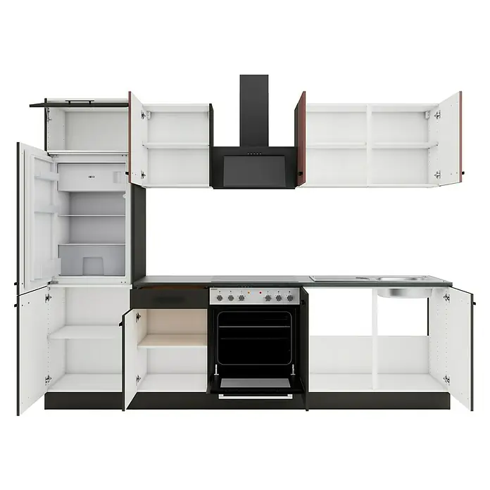 Optifit Nizza407 Küchenleerblock Typ 2 - Breite: 270 cm, Anthrazit/Rostrot, Ohne Elektrogeräte - Modulare Einbauküche in Dunkelgrau-Weiß mit integriertem Kühlschrank, Backofen, Kochfeld, Spüle und Dunstabzugshaube, mit offenen Türen.
