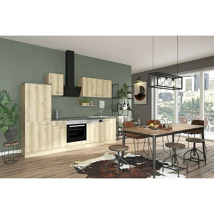 Optifit Livorno290 Küchenzeile Typ 2 - Breite: 270 cm, Wildeiche Nachbildung, Mit Elektrogeräten - Moderne Küche und Essbereich mit hellen Holzmaserungsschränken, dunkelgrauen Arbeitsplatten und einer Essgruppe im Industriestil mit braunen Stühlen.