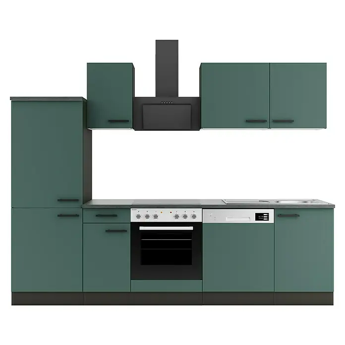 Optifit Verona405 Küchenzeile Typ 2 - Breite: 270 cm, Steingrün, Mit Elektrogeräten - Moderne dunkelgrüne Modulküche mit dunkelgrauer Arbeitsplatte, integriertem Backofen, Geschirrspüler und Dunstabzugshaube.