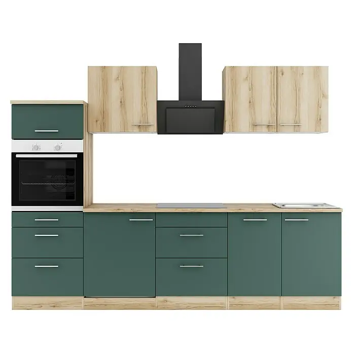 Optifit Livorno290 Küchenleerblock Typ 3 - Breite: 270 cm, Steingrün/Wildeiche Nachbildung, Ohne Elektrogeräte - Moderne Küche mit dunkelgrünen Unterschränken, hellen Holz-Oberschränken, integriertem Ofen, Kochfeld, Spüle und dunkler Dunstabzugshaube.