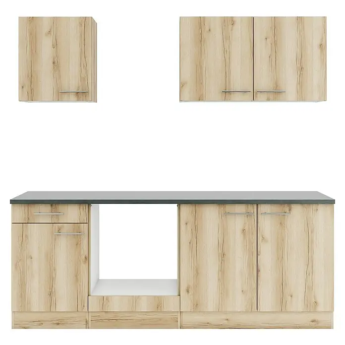 Optifit Livorno290 Küchenleerblock Typ 3 - Breite: 210 cm, Wildeiche Nachbildung, Ohne Elektrogeräte - Helle Holz-Küchenschränke mit dunkelgrauer Arbeitsplatte, Schubladen, Türen und Metallgriffen.
