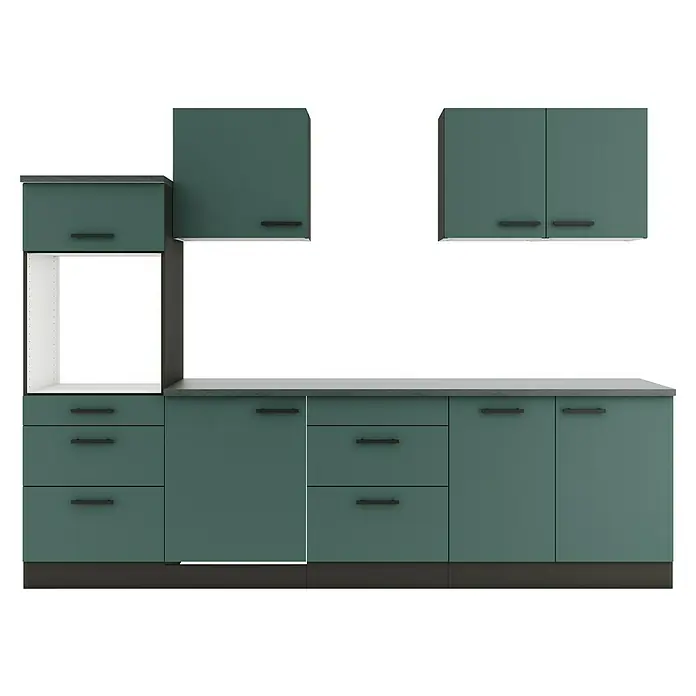 Optifit Verona405 Küchenleerblock Typ3 - Breite: 270 cm, Steingrün, Ohne Elektrogeräte - Dunkelgrüne modulare Küchenschränke mit grauer Arbeitsplatte, schwarzen Griffen und offenem Fach für Geräte.