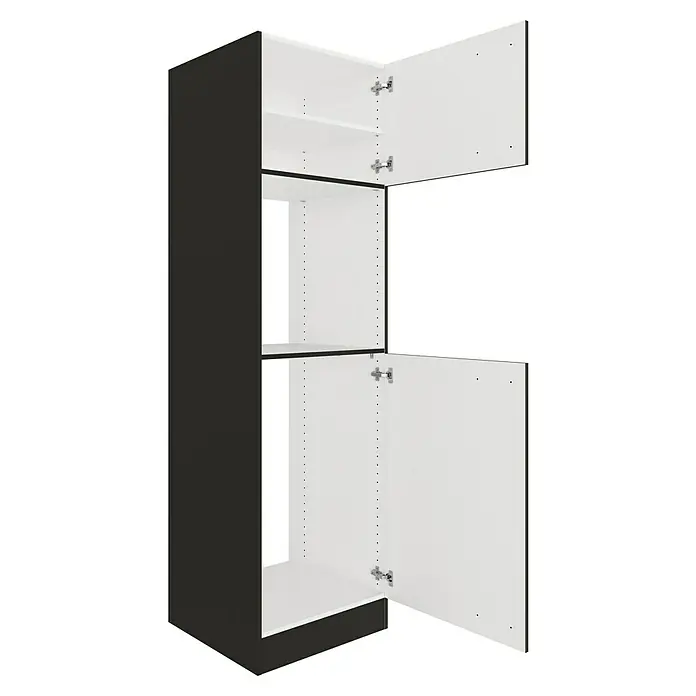 Optifit Madrid420 Geräteumbauschrank - 60 x 60 x 206,8 cm, Anthrazit Matt, Für Backofen und Kühlschrank - Hoher schwarzer Küchenschrank mit weißem Innenraum, zwei offenen Türen, Regalböden und Gerätefach.
