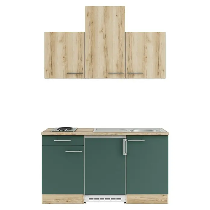 Optifit Livorno290 Singleküche Typ 2 - Breite: 150 cm, Steingrün/Wildeiche Nachbildung, Mit Elektrogeräten - Kleine Küchenzeile: helle Holz-Hängeschränke, dunkelgrüne Unterschränke mit Holzarbeitsplatte, Kochfeld, Spüle, integriertem Gerät.