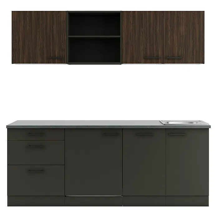 Optifit Madrid420 Singleküche Typ 3 - Breite: 210 cm, Anthrazit/Rillendekor Nussbaum, Ohne Elektrogeräte - Moderne Küchenschrankkombination mit oberen Schränken in dunkler Holzoptik, unteren Schränken in Dunkelgrau mit heller Arbeitsplatte und Spüle.