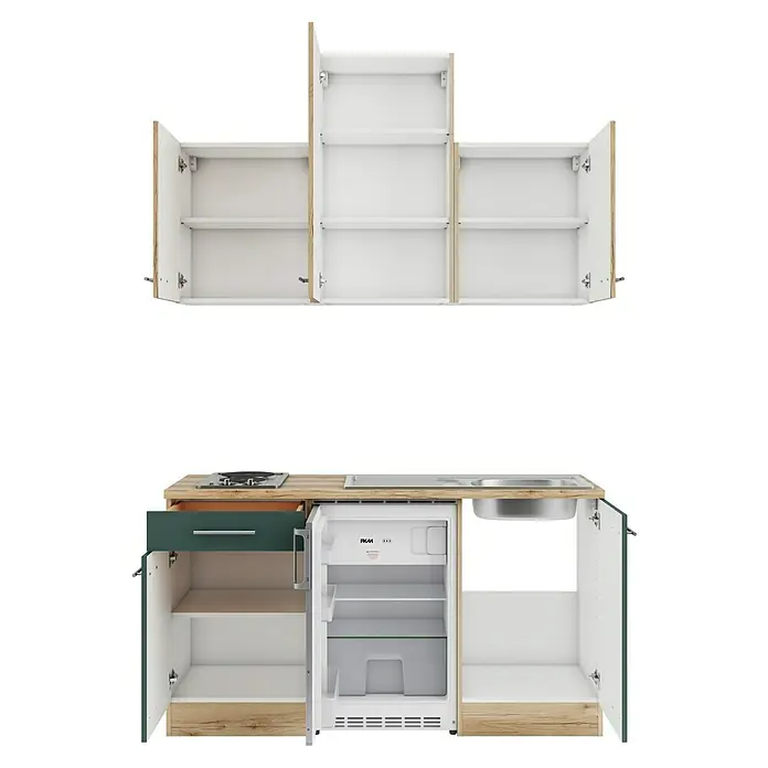 Optifit Livorno290 Singleküche Typ 2 - Breite: 150 cm, Steingrün/Wildeiche Nachbildung, Mit Elektrogeräten - Kompakte Küchenzeile mit weißen und holzfarbenen Schränken, dunkelgrüner Schublade und Tür, Kochfeld, Spüle und offenem Kühlschrank.