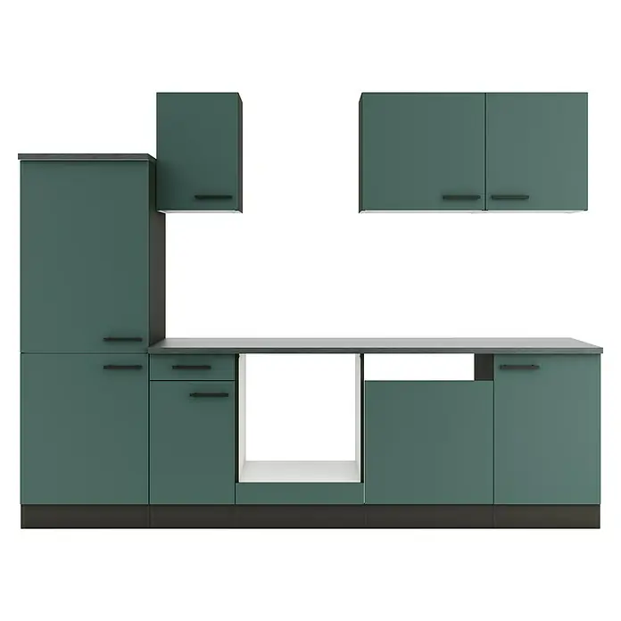 Optifit Verona405 Küchenleerblock Typ 1 - Breite: 270 cm, Steingrün, Ohne Elektrogeräte - Dunkelpetrolfarbene Küchenzeile mit Unter- und Oberschränken sowie Gerätefach.