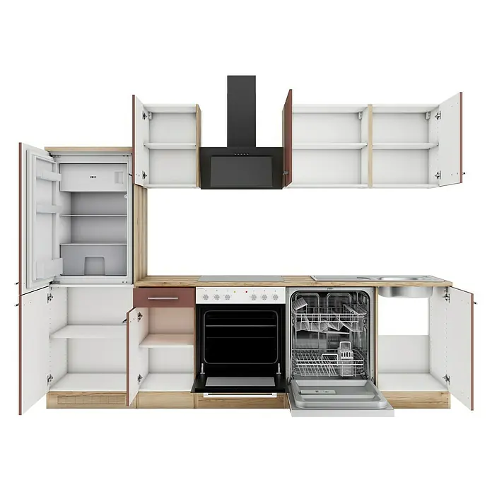 Optifit Bari407 Küchenleerblock Typ 3 - Breite: 270 cm, Rostrot, Ohne Elektrogeräte - Moderne Einbauküche mit hellen Holz- und weißen Schränken, Kühlschrank, Backofen, Kochfeld, Geschirrspüler und Dunstabzugshaube. Türen offen.