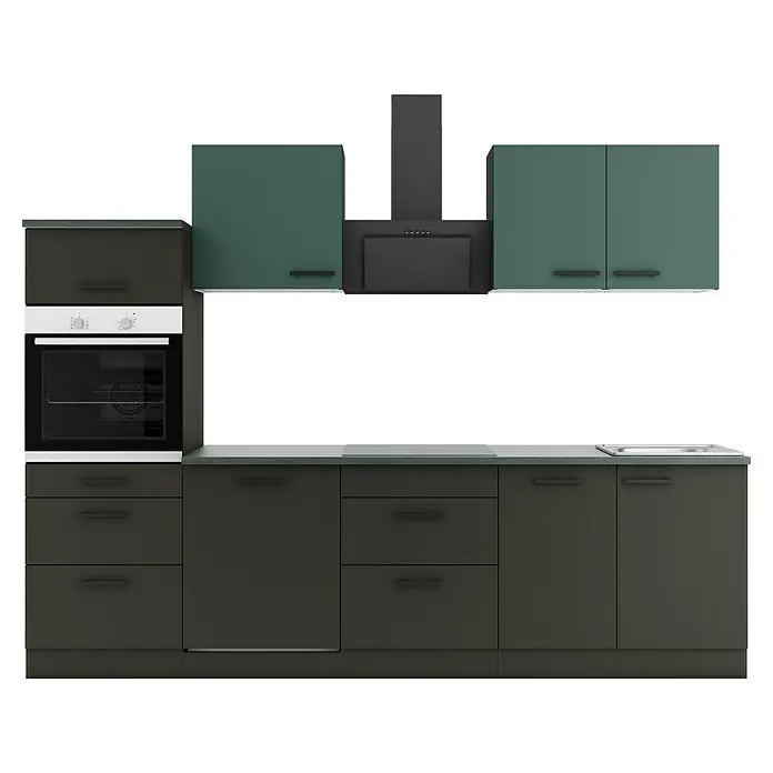 Optifit Verona405 Küchenleerblock Typ 2 - Breite: 270 cm, Anthrazit/Steingrün, Ohne Elektrogeräte - Moderne Küche mit dunkelgrauen Unterschränken, salbeigrünen Oberschränken, integriertem Ofen, Kochfeld, Spüle und Dunstabzugshaube.