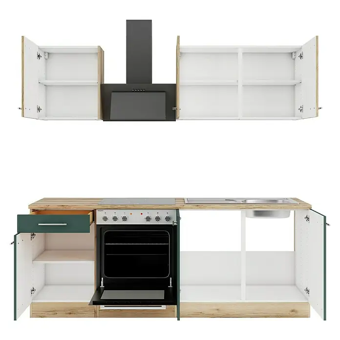 Optifit Livorno290 Singleküche Typ 2 - Breite: 210 cm, Steingrün/Wildeiche Nachbildung, Mit Elektrogeräten - Moderne modulare Küchenzeile mit heller Holzoptik-Arbeitsplatte, weißen Regalen, dunkelgrünen Schränken, Ofen, Herd, Spüle und Dunstabzugshaube.