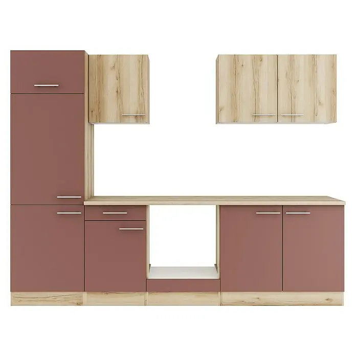 Optifit Livorno290 Küchenleerblock Typ 1 - Breite: 270 cm, Wildeiche Nachbildung/Rostbraun, Ohne Elektrogeräte - Moderne Küchenzeile in Rotbraun und heller Holzmaserung mit Ober- und Unterschränken sowie einer Arbeitsplatte.