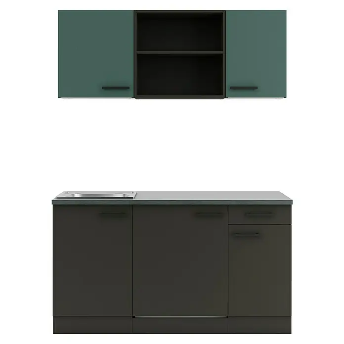 Optifit Verona405 Singleküche Typ 3 - Breite: 150 cm, Anthrazit/Steingrün, Mit Elektrogeräten - Zweiteilige Küchenzeile: oben zwei petrolfarbene Schränke und ein dunkles Regal; unten dunkelgraue Einheit mit Spüle, heller Arbeitsplatte und dunklen Griffen.