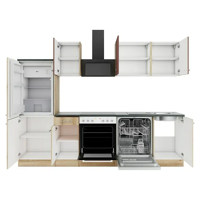 Optifit Bari407 Küchenleerblock Typ 4 - Breite: 270 cm, Rostbraun/Wildeiche Nachbildung, Ohne Elektrogeräte - Komplette Küchenzeile mit hellen Holz- und weißen Schränken, schwarzer Arbeitsplatte, offenem Kühlschrank, Backofen, Geschirrspüler und Spüle.
