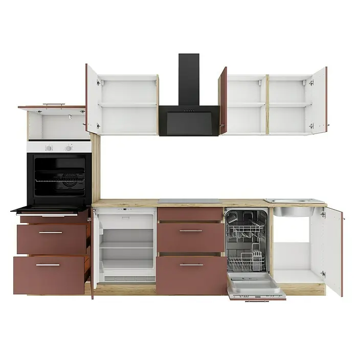Optifit Bari407 Küchenleerblock Typ 4 - Breite: 270 cm, Rostrot, Ohne Elektrogeräte - Modulare Küche mit braunen/Holzschränken, offenen Türen/Schubladen, integriertem Backofen, Kochfeld, Kühlschrank, Geschirrspüler und Spüle.
